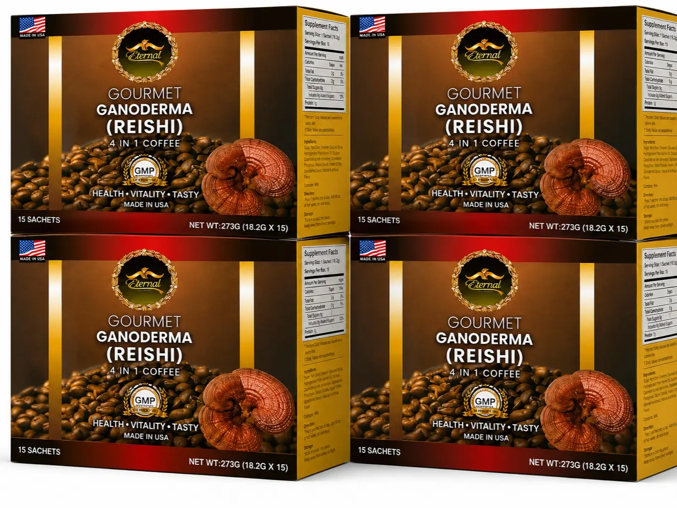 Asian Latte Coffee Ganoderma Singles, 15 Packets (0.64 oz) – Instant Coffee Mix with Reishi Mushroom, Creamy Light Roast, Travel-Friendly Sachets, 4 Pack (60 Sachets)