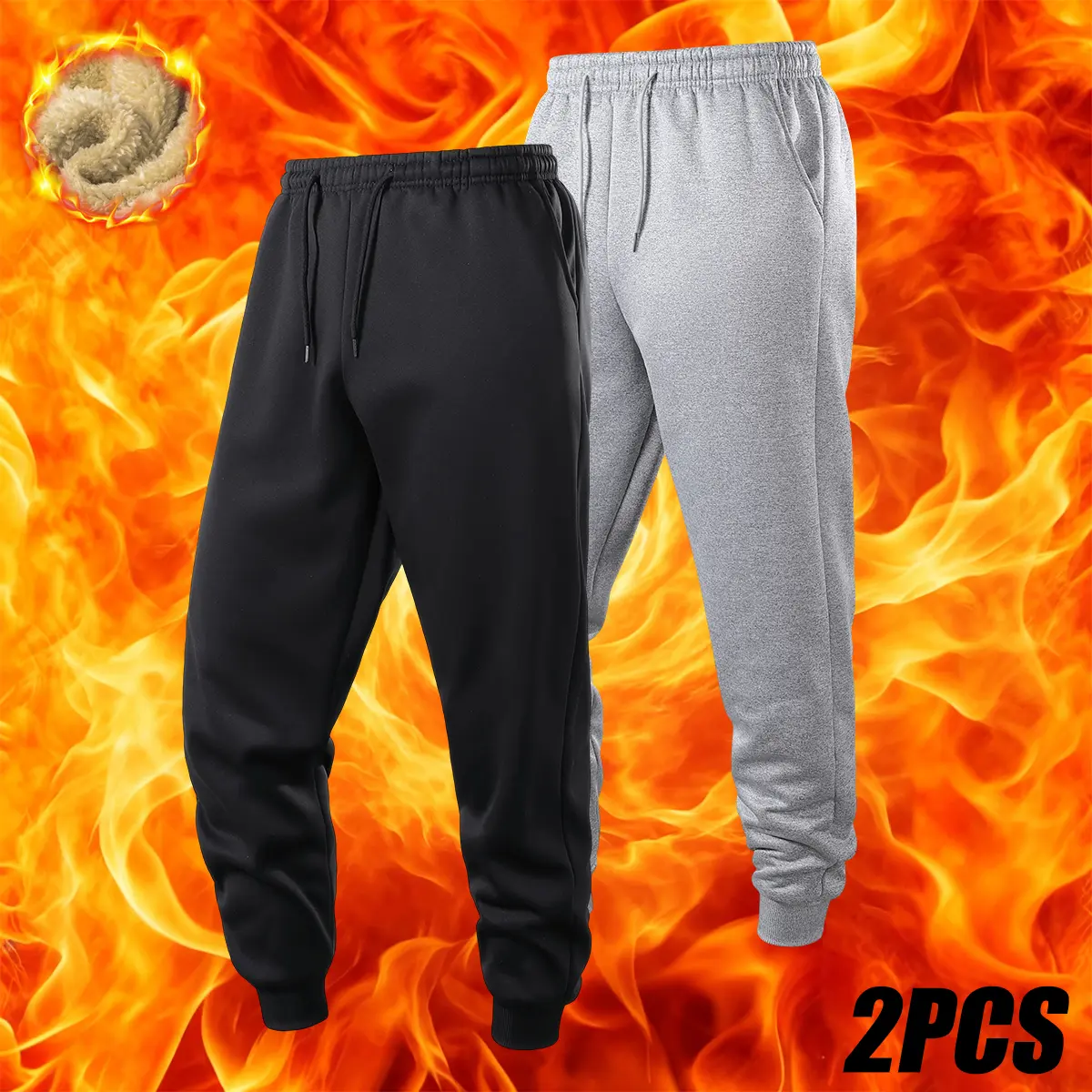 Men's 2-Pack Thermal Fleece Joggers Winter Warm Thickened Lamb Fleece Pants with Elastic Waist & Drawstring, Mid-Rise Suitable for Gym, Outdoor, Casual Wear - Solid Color Regular Fit Sweatpants