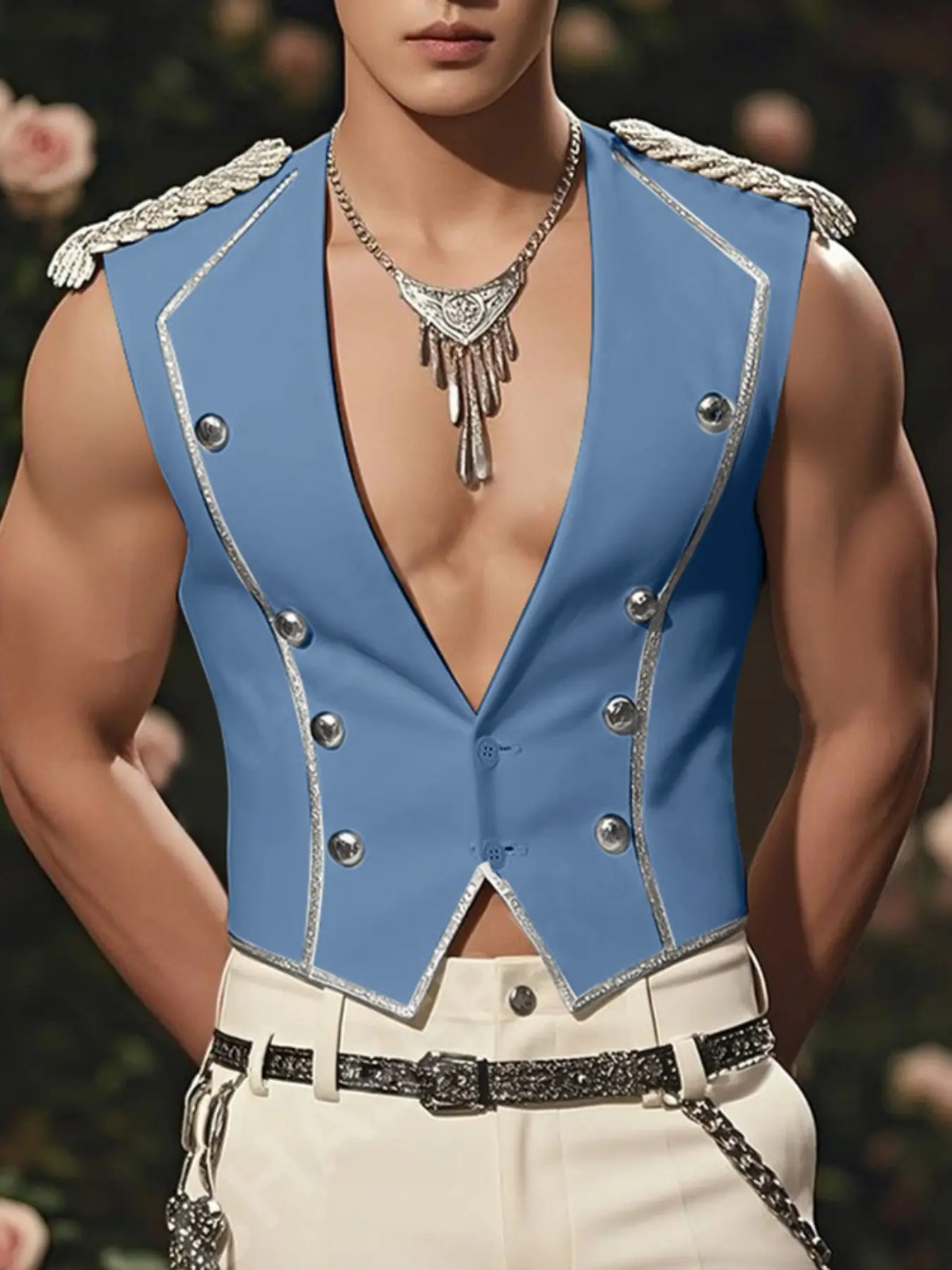 INCERUN Men's Shoulder Patchwork Gilet Vest Sleeveless with Flashy Ribbon and Button Closure, Perfect for Summer Parties, Casual Stylish Fashion Outer Vest, Button Down Vest