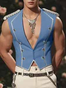 INCERUN Men's Shoulder Patchwork Vest with Flashy Ribbon and Button Closure, Perfect for Summer Parties, Casual Fashion Outer Vest