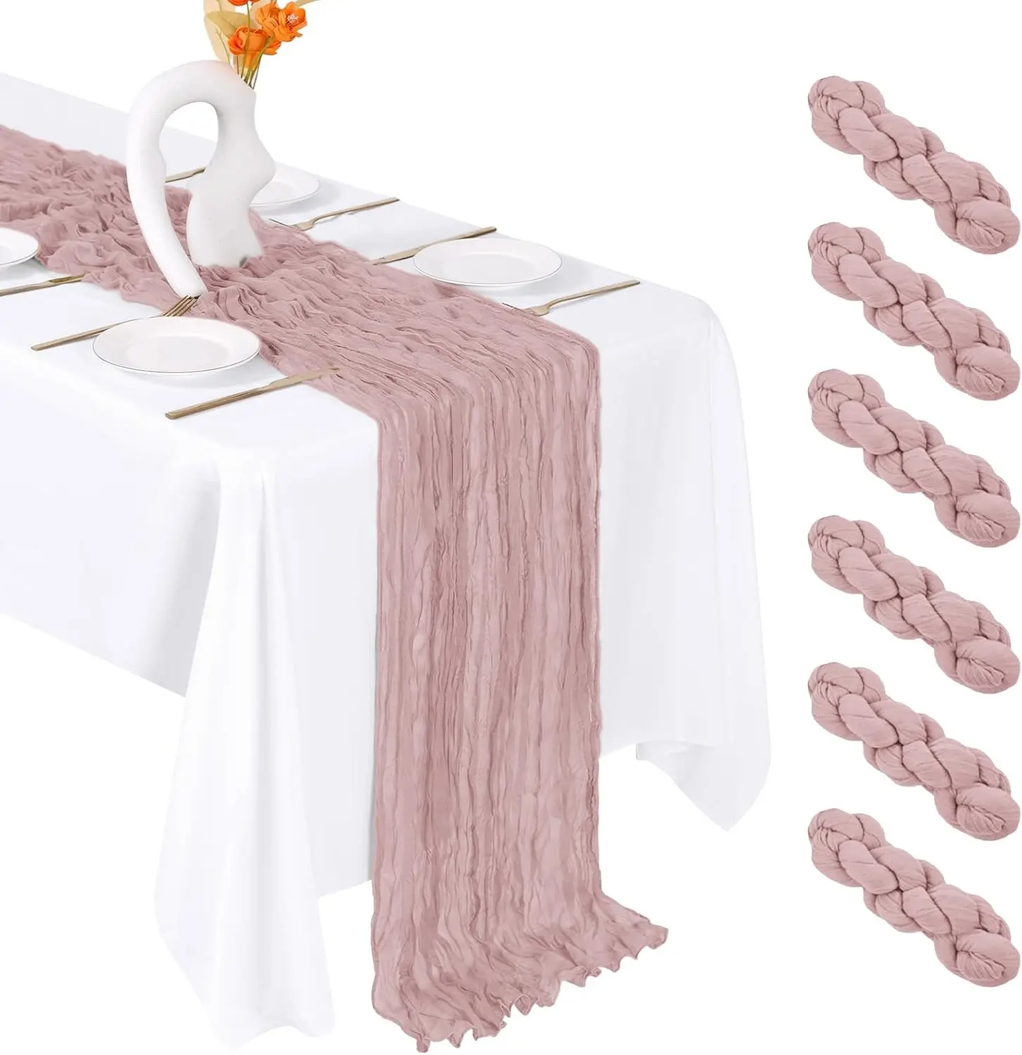 6 Pack Dusty Pink Cheesecloth Table Runner 20 x 120 Inch Gauze Table Runner Fabric Semi Sheer Cheese Cloth Table Decor Bulk for Rustic Romantic Wedding Baby Shower Party Table Decoration