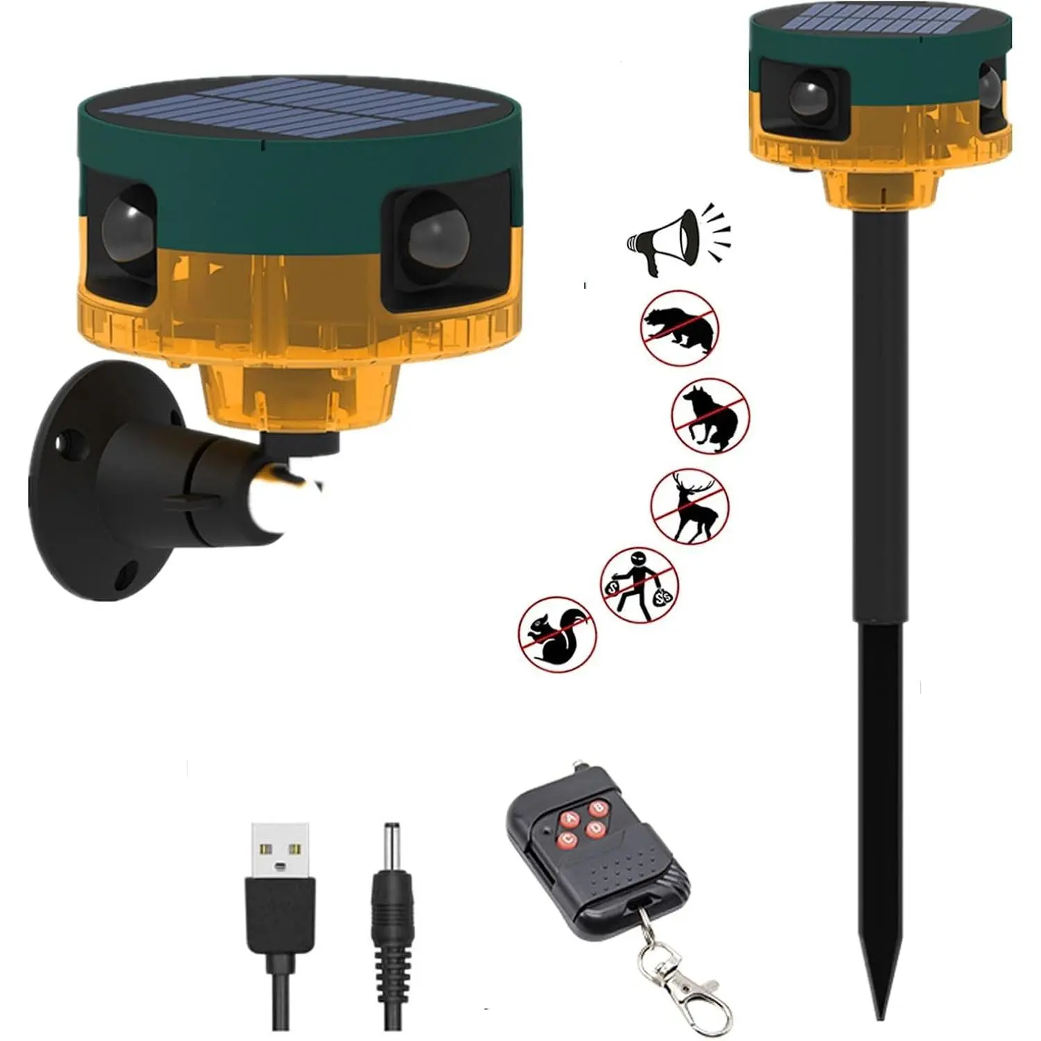 Solar Powered Outdoor Motion Sensor Alarm - 360° Motion Detection, 130db Loud Sound, 13 Kinds of Sounds, Dog Barking&Gunshot Options, Recording Support, Strobe Light, USB Charging, All Seasons Intruder Deterrent, Usb Cable, Flashing Light Strobe, Scare Aw