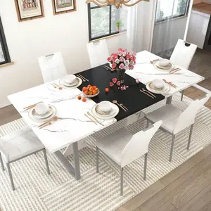 7-Piece  Table Set| Wooden  Table With 6 Upholstered Chairs For 6 People| 70in Kitchen Table W/Waterpoof Tabletop,Leather Chairs,Rectangular Tables W/Adjustable Leg For  Room Dining