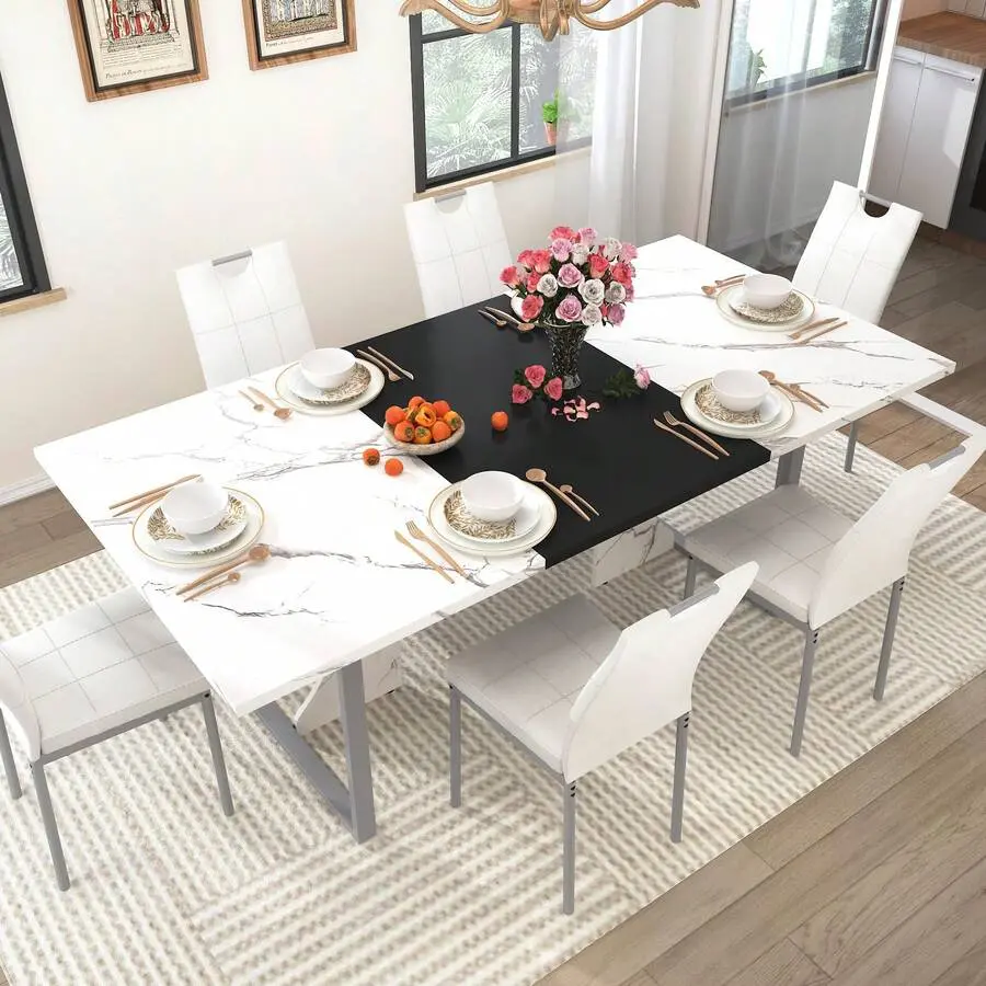 7-Piece   Set |     Wooden   With 6 Upholstered Chairs For 6 People |     70in Kitchen  W/Waterpoof Tabletop,Leather Chairs,Rectangular  W/Adjustable Leg For  Room Dining Table set