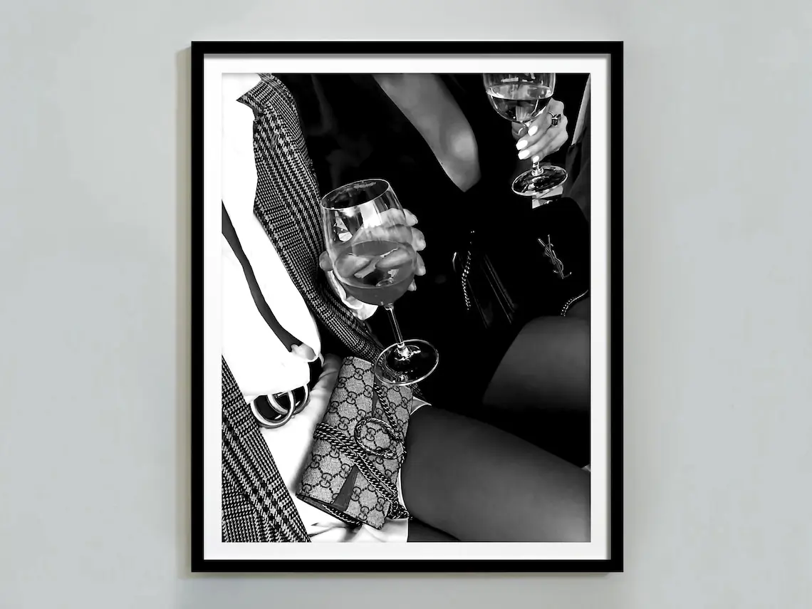 Women Drinking Wine in Bachelorette Party Print, Black and White, Fashion Poster, Alcohol Wall Art, Bar Cart Print, Disco Party, Wall Décor