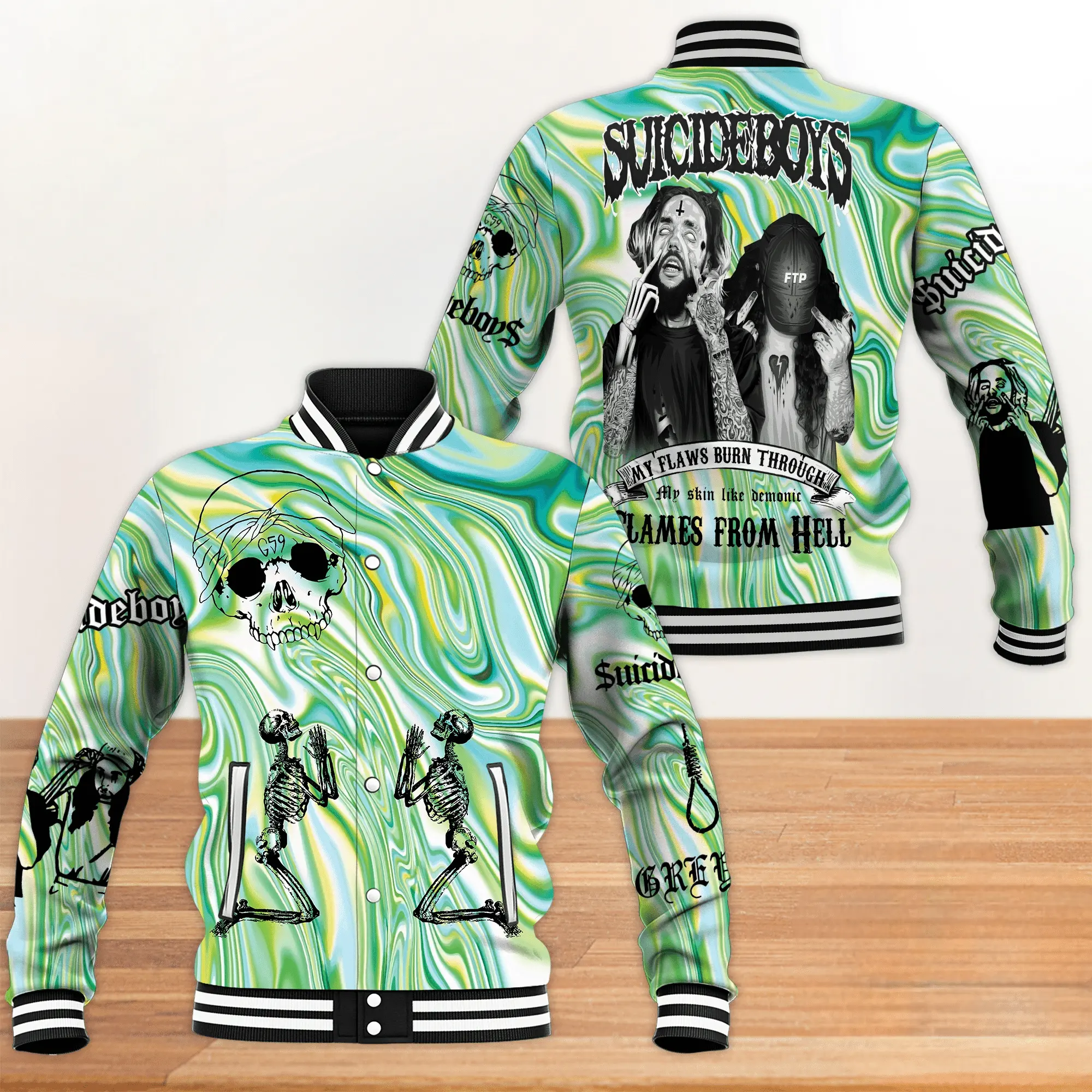 Demonic Flames Graphic Baseball Jacket, My Flaws Burn Through My Skin Inspired Jacket, Dark Gothic Varsity Coat, Edgy Streetwear Outerwear, Unisex Casual Sports Jacket