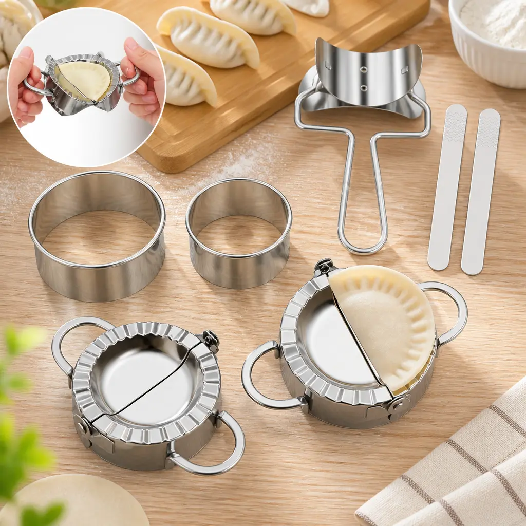 8-PCS Stainless Steel Multi-Use Dumpling Maker Kit - Round Dumpling Mold, Samosa Mold, Wavy Edge Wrapper Cutter for Filling & Sealing, Essential Specialty Kitchen Utensil for Homemade Cooking & Making Dumplings, Multi-Use Kit, Oil