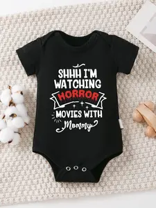 Unisex Fitted Cotton Baby Bodysuit - Short-Sleeve, Diaper-Friendly Romper with Snap Buttons, Horror Theme Letter Print "Shhh I'm Watching Horror Movies with Mommy", Newborn Infant Casual Outfit