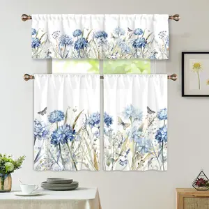 Vintage Blue Watercolor Butterfly Kitchen Curtains, Casual Drapes Window Hanging for Kitchen Living Room Office Bedroom, 1pc Header 2pcs Set