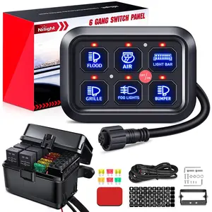 Nilight 6-Gang Compact Car Lighting Accessories Switch Panel, 720W Universal Circuit Control Relay System with Fuse Wiring Harness, Auto-Adjust Dimmable Backlighted LED On-Off Pod for Cars, Trucks