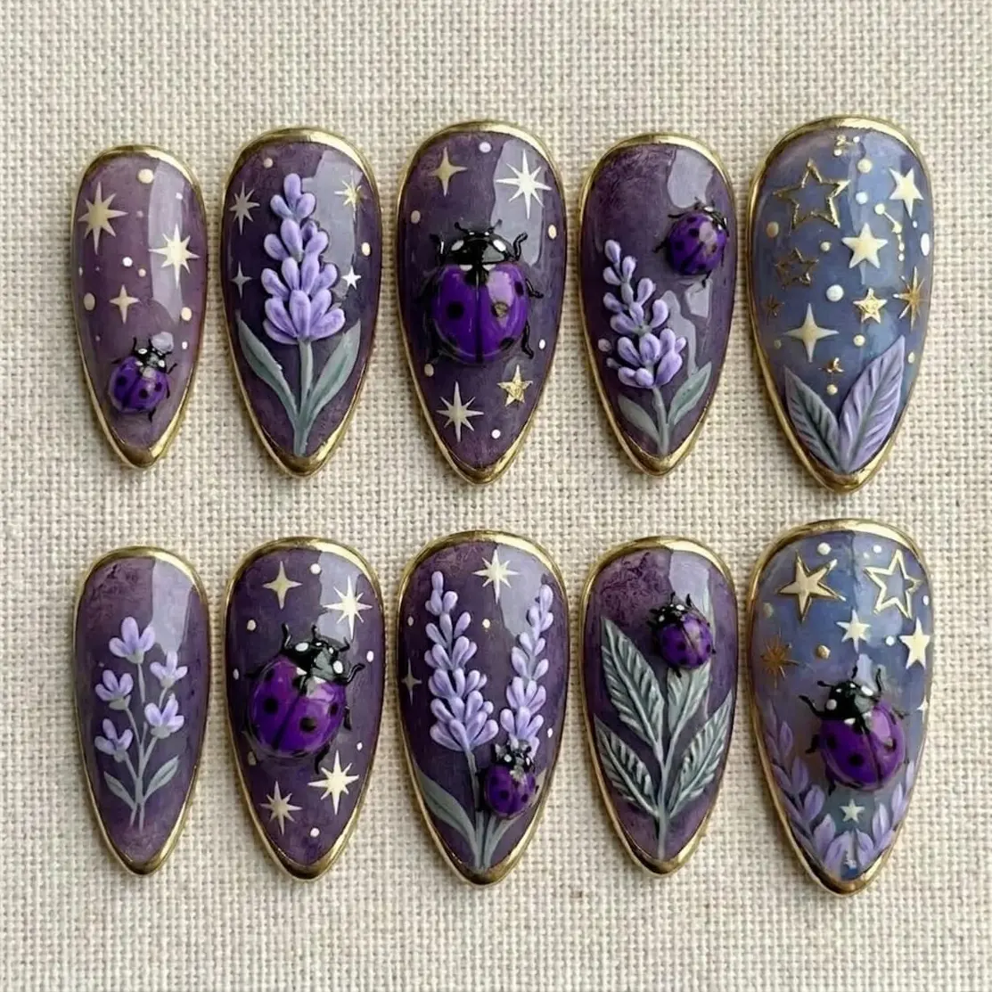 Lavender Ladybug Press On Nails, Purple Cottagecore Nails, Celestial Star Floral Nails, Vintage Gold Frame Beetle Nail Art Set