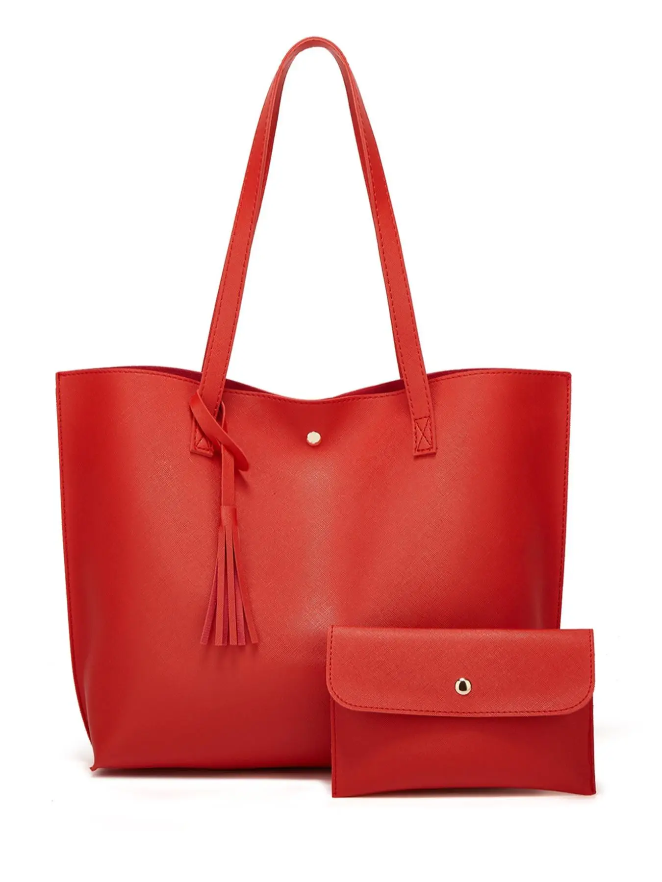 Solid Color Tassel Decor Large Capacity Tote Bag & Coin Purse, 2 Counts Handbag & Small Wallet for Women, Casual Trendy Versatile Daily Commuting Bag