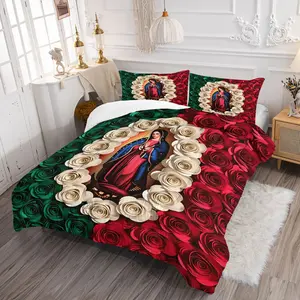 2/3 Pcs 3D Paper Roses Our Lady of Guadalupe with Mexican Flag Inspired Colors Digital Print Comforter Set, Decorative Bedding Set, Quilted Design, Warm & Breathable, Ideal for Bedroom, Home Altar, Gift for Faithful & Mexican Heritage Enthusiasts