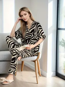 Women's Zebra Print Pajama Set, Comfortable Short Sleeve & Long Pants, Casual Summer Home Wear, Sleepwear