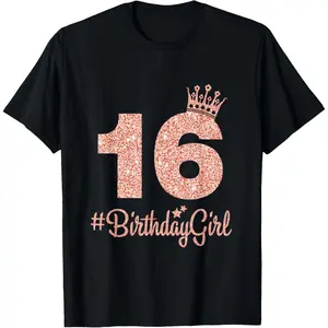 100% Cotton 16 #BirthdayGirl Sweet sixteen 16th Pink Crown Tee for Girls T-Shirt
