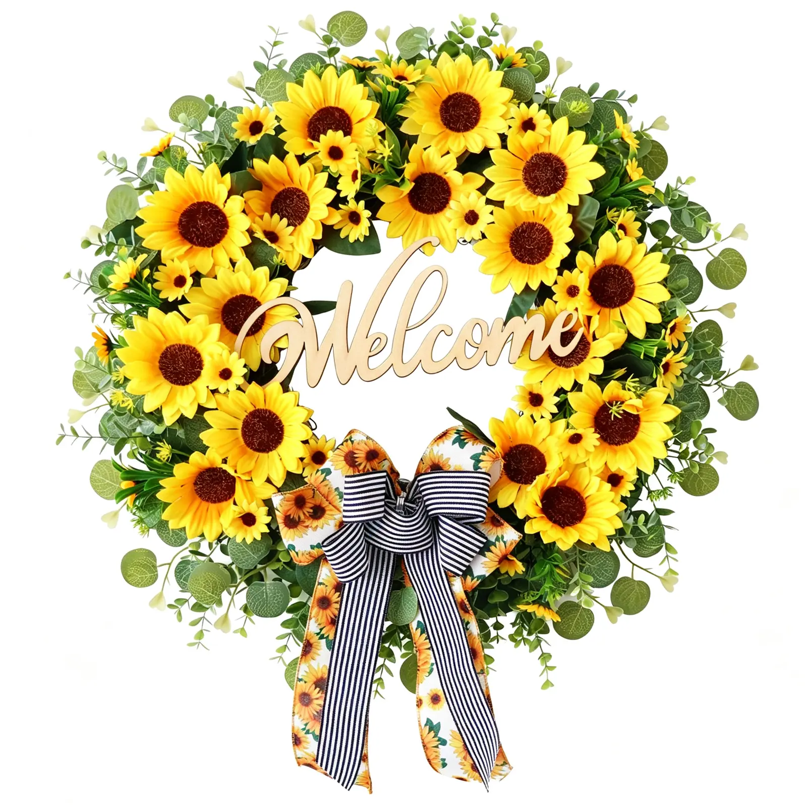 22" Sunflower Front Door Wreath with Welcome Sign & Burlap Bow, All-Season Fall Harvest Floral Door Hoop Sign for Thanksgiving