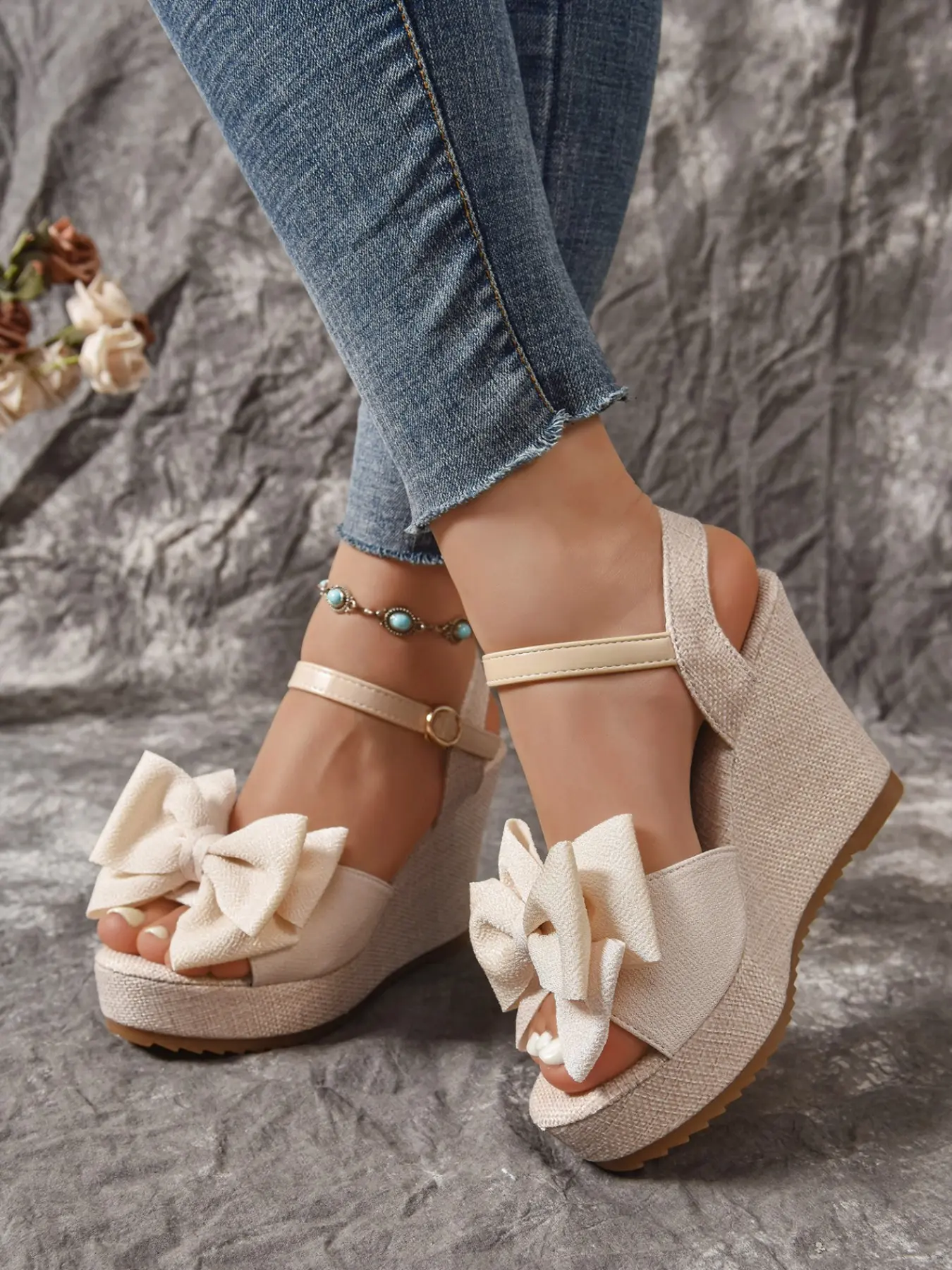 Women's Thick Sole Wedge Sandals, Straw Material, Fashion Classy Elegant High Heel Slip-On, Spring Summer, Large Bow Design, Bowknot Design Wedge, Block Wedge Heels