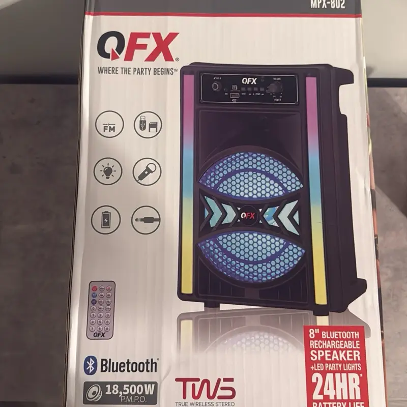 QFX MPX-802 8” Bluetooth Speaker, Featuring Party Lights and a Microphone