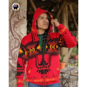 Red Sunset Alpaca Wool Jacket. Handcrafted by Indigenous Hands. Soft, warm with hood. Unisex. One Size.