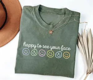 Oversized Smiley Face T-Shirt, Vintage Washed Happy To See Your Face Graphic Tee, Retro Positive Quote Shirt for Women, Aesthetic Casual Top, Trendy Uplifting Apparel, Unique Mental Health Gift for Her