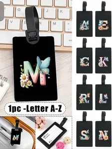 1pc Colorful Butterfly Flower A-Z Letter Pattern Black Luggage Tag, Pvc Luggage Tag, Personalized Luggage Tag, Cute Luggage Tag, Luggage Id Tag, Address Card Boarding Pass, Portable Tag, Bag Charms, Luggage Tag, Essential For Travel And Outings