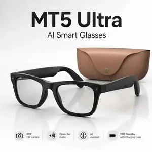 Intelligent AI translation camera glasses, equipped with an 8-megapixel camera for video recording and surround sound headphones, open headphones, real-time translation, voice assistant, leather charging case for travel and daily use