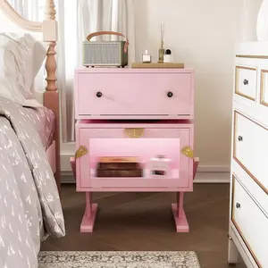 RoyalCraft Nightstand with LED Light Strips, Rotating Drawer & Glass Door, Pink