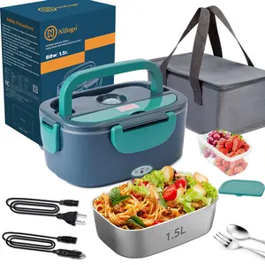 Electric Lunch Box Food Heater for Adults, Heated Lunch Box Portable Food Warmer for Car/Truck/Office 1.8L Removable Stainless Steel Container with Fork Spoon and Bag,12V/24V/110V