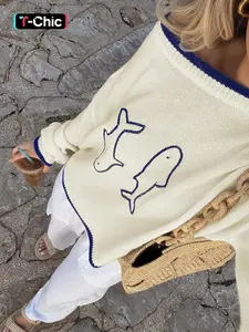 Round Neck Colorblock Loose-Fit Sweater with Double Fish Embroidery, Casual Long Sleeve Knit Top for Fall & Winter, Knit Pullover Top, Knitwear, Versatile Women's Apparel