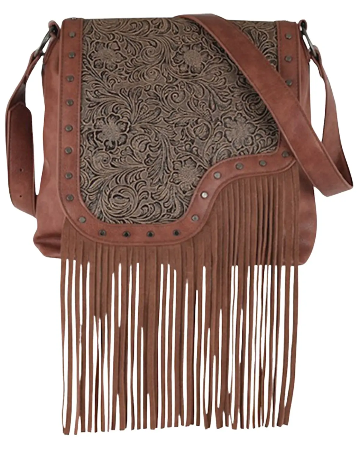 Catchfly Women's Women'S Asymmetrical Tooled Yoke Fringe Crossbody Bag - 23195527