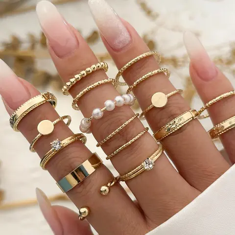 Women's 16-Piece Rhinestone Imitation Pearl Ring Set, Punk Style Alloy Jewelry, Plain Design, All Seasons Accessory, Stacking Finger Jewelry
