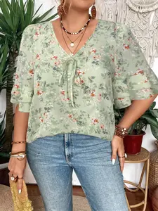 Women's Summer Beach Vacation Top, Light Casual Floral Print Boho V-Neck Tie Shirt, Double Layer Bell Sleeves, Slimming Blouse, Casual Wear, Bohemian
