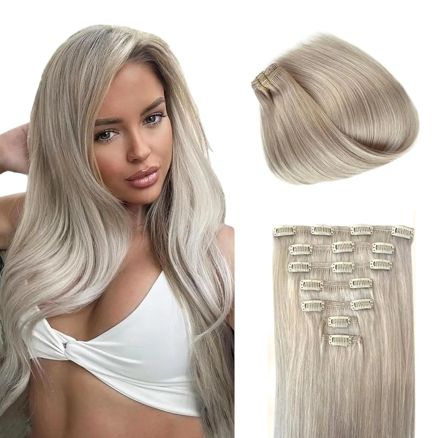 HC Clip-in Volume Natural Human Hair Extensions, Invisible & Scalp-Friendly, Platinum Silver, 7Pcs 4.23oz, Human Hair Silky Hairpieces