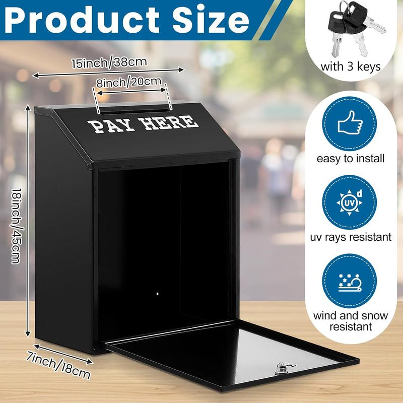 Cash Box Money Collection Metal Donation Box with Lock for Home Office Outdoor Use Wall Mount Pre Drilled Mailbox Delivery Ballot Black 18.1 x 14.9 x 7.1 Inch