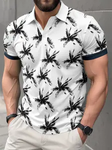 Men's Coconut Tree Print Polo Shirt, Summer Tropical Island Style, Aesthetic Casual Breathable Top, Fitted Geometric Pattern, Perfect for Vacation
