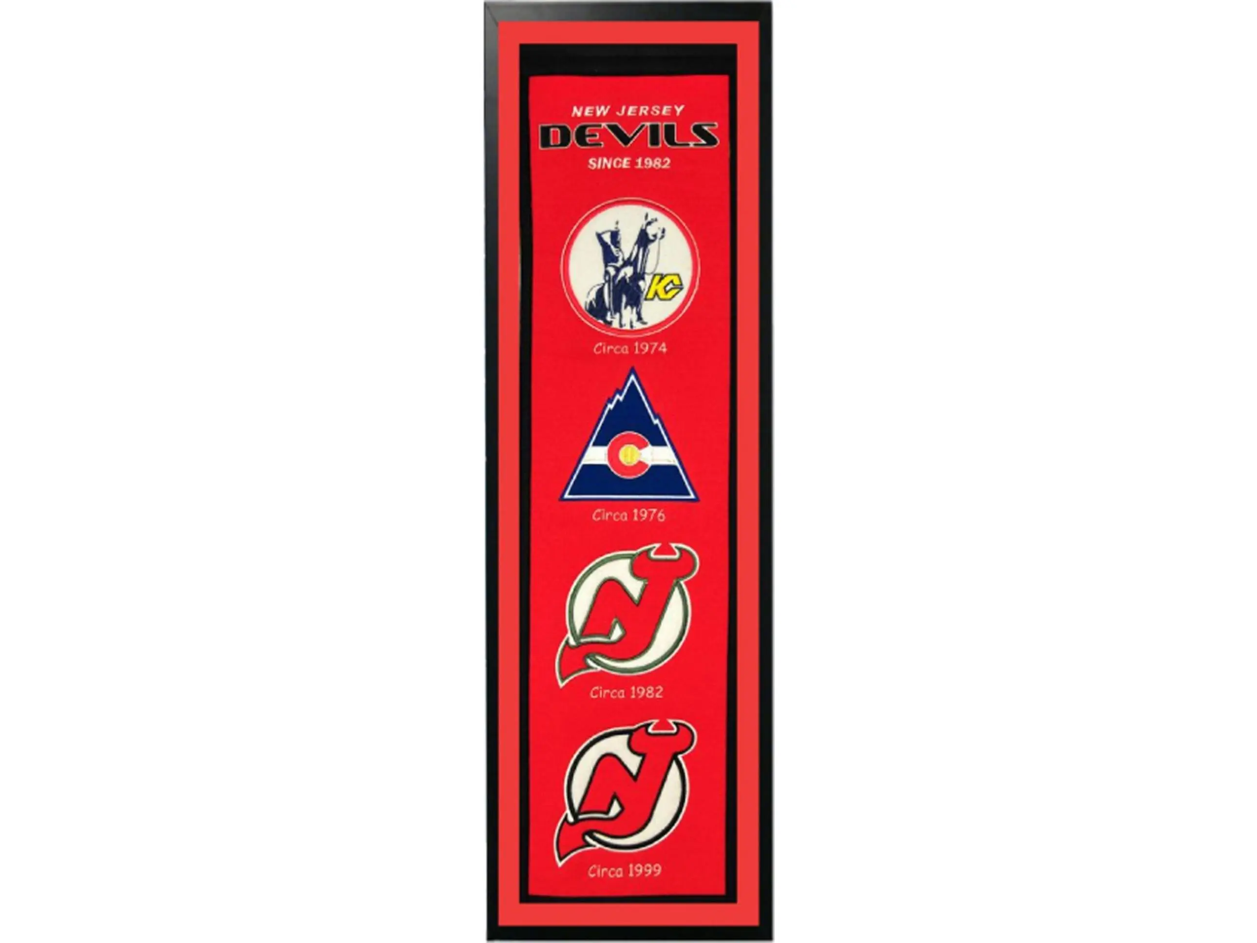 Encore Select 109-67 New Jersey Devils Logo History Felt Banner, 14" x 37", Indoor Sports Decor with Thin Frame