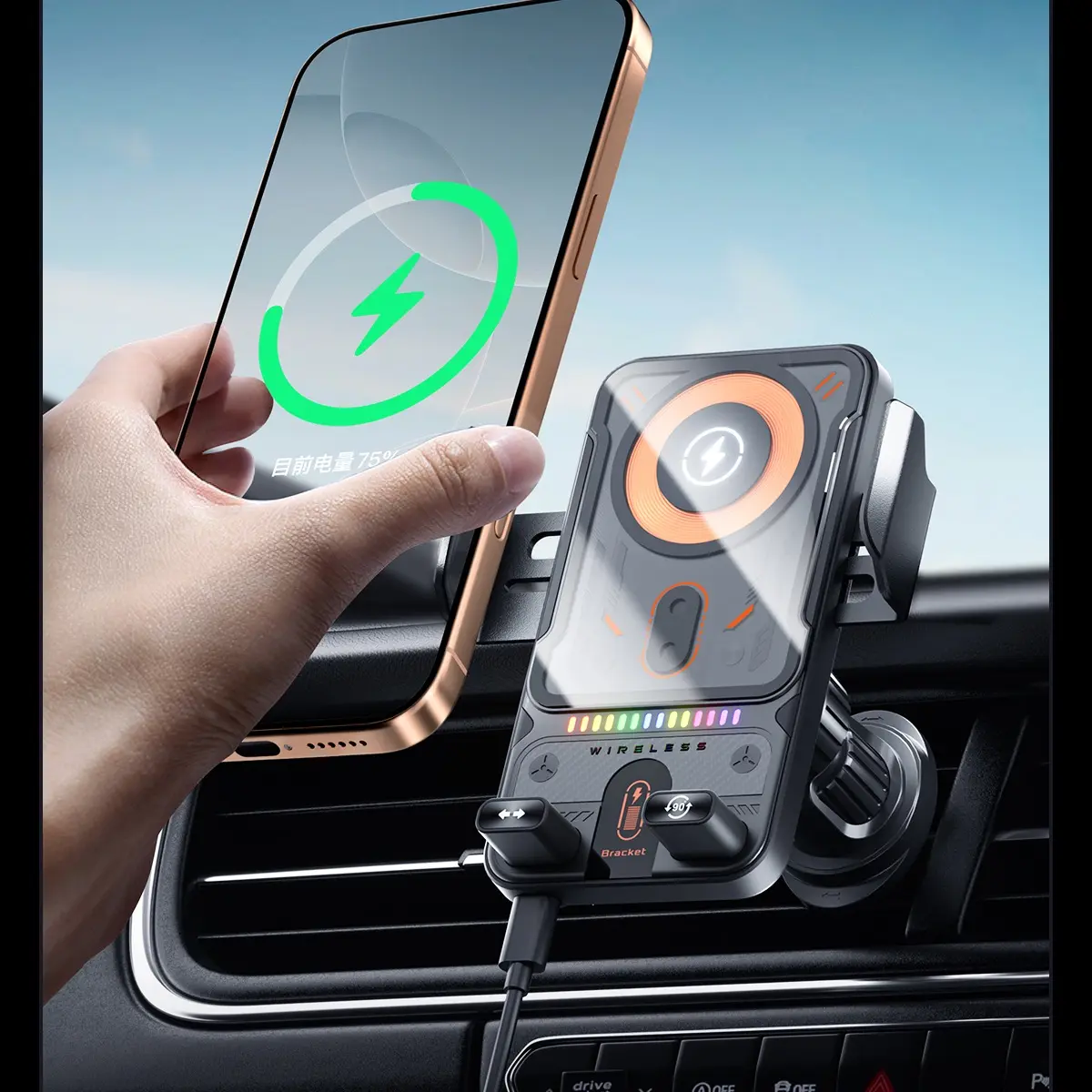 Car Cellphone Mount - Adjustable Wireless Charging Car Holder with Auto-Rotation, LED Light, USB Type-C Data Cable, Tail Clip Compatibility, DC9V1.67A/DC5V/2A, ABS+PC+Electroplating+Aluminum Sheet Hardware for iPhone 17