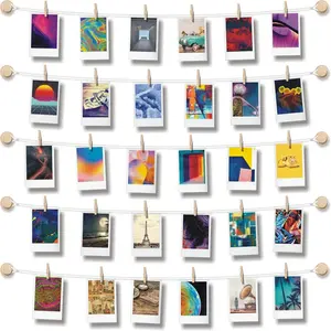 Hanging photo display room wall decor sculptural picture frames collage 5 strings with 30 clips 3m self adhesive hooks no holes drilling 30 x 30 inch