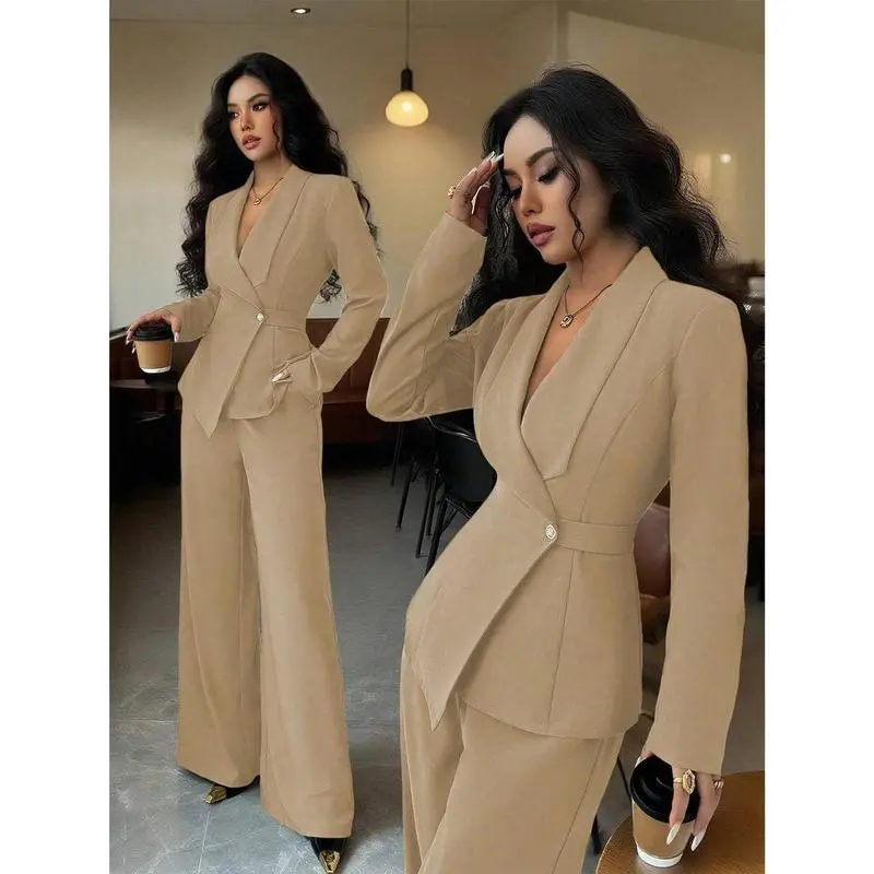 Women’s 2-Piece Belted Blazer & Wide-Leg Pants Suit – Elegant Lapel V-Neck Workwear Set for Office, Commute & Fall Long Sleeve Bottom