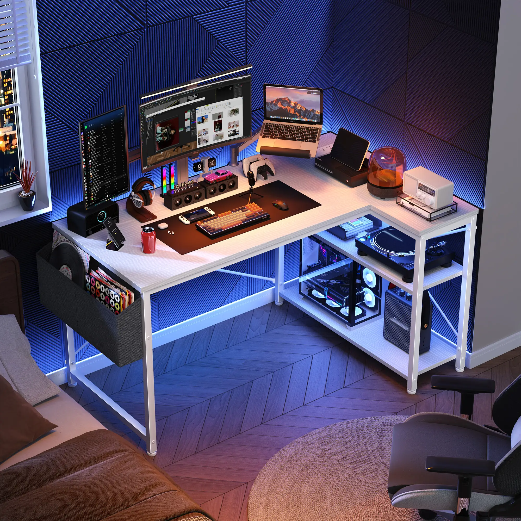 【SAVES YOUR SPACE】Raybee Furniture L Shaped Gaming Desk for small spaces, Computer Desktop with Power Outlets,USB,Reversible Corner Table, Side Shelve