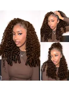 Wear Go Half Wig Brown #4 Color Burmese Curly With Elastic Drawstring Flip Over Wig 200% Density Invisible Strap 3 In 1 Half Wig Natural Hairline Human Hair Wigs Glueless Y2k Human Hair Wig Valentines Gifts Hair Accessories for Daily Use