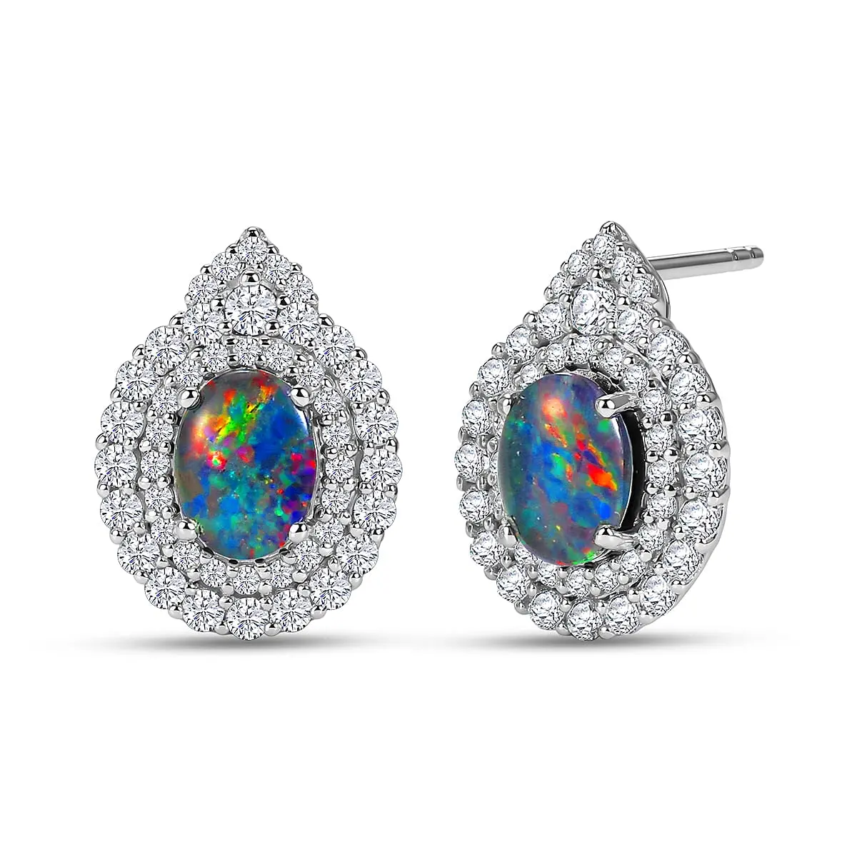 Certified & Appraised D'Joy Premium Australian Black Ridge Opal Triplet, Moissanite Earrings in Rhodium Over Sterling Silver 3.08 ctw
