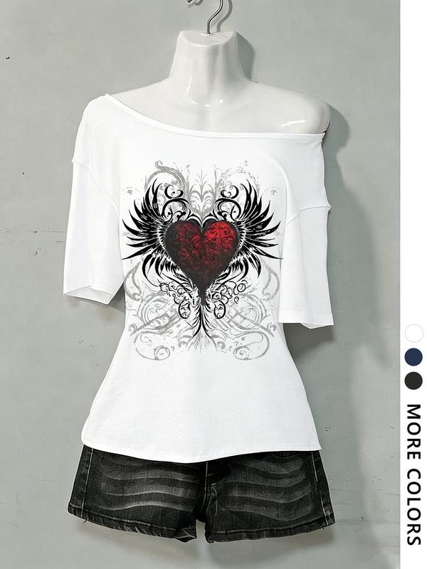 Women's Asymmetrical Neck Digital Print Summer Casual T-Shirt, Vintage Campus Style, Fashion Trend Letter Design