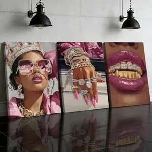 3 Counts Wooden Framed Canvas Painting, Luxury Gold Jewelry Fashion Queen Images, Exquisite Poster, Perfect Living Room Decoration, Modern Art, Fashion Family Poster, Wall Art Decoration, Waterproof Art