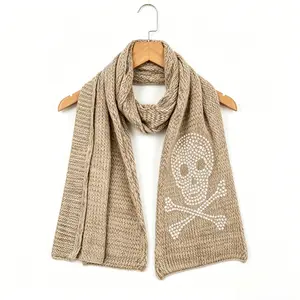 Gothic Punk Rhinestone Skull & Crossbones Pattern Thick Knit Scarf for Women Men, Soft Chunky Knitted Warm Winter Shawl Wrap, Edgy Street Style Fall Winter Outfit Accessory