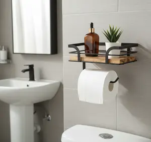 Farmhouse Style Bathroom Storage Rack with Toilet Paper Holder Warm Brown Wooden Organizer for Wet Wipes Phones Reading Materials Black Metal Decor Accessories