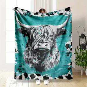 Highland Cow Turquoise Abstract Animal Print Flannel Blanket, Ultra-Soft Cozy Throw with Western Cow Artwork, Warm Bed Couch Sofa Blanket for Bedroom and Home Office, Decorative Room Accent for Cow Lovers