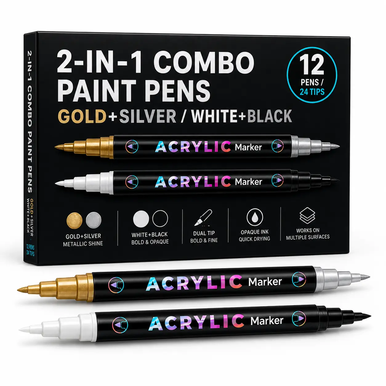 2-in-1 Gold Silver/Black White/4-in-1 Dual Tip Acrylic Paint Markers, 12 Pens 24 Flexible Tips Bold & Fine Art Pens, Waterproof Markers for Rock Wood Glass Canvas Black Paper DIY Craft Sketching Outlining Highlighting