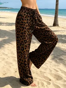 Women's Leopard Print Wide Leg Pants, High Waist Elastic Drawstring Casual Long Pants, Loose Fit Home/beach Wear, Comfortable and Stylish