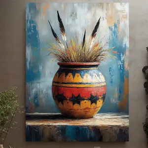 1 Piece Southwestern Native American Clay Pot Canvas Wall Art - Artistic Vintage Desert Art with Wooden Frame, Textured Brushstrokes and Geometric Patterns, Living Room, Bedroom, Office Decoration, Western Style Hanging Art, Ready-to-Hang 2D Flat Artwork